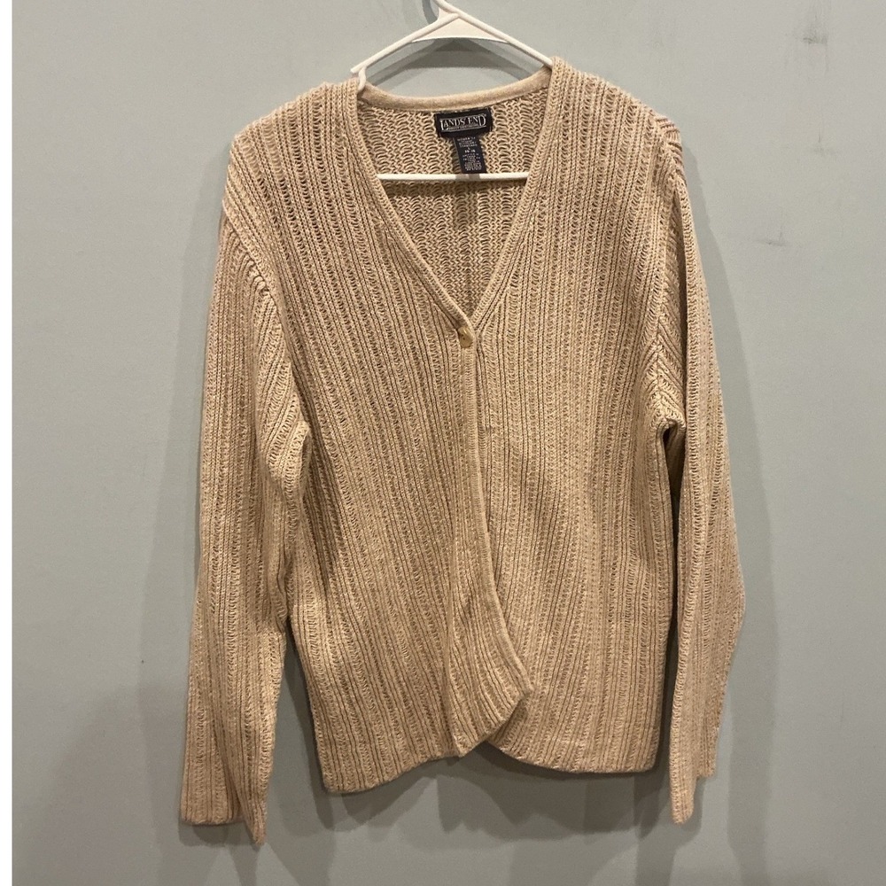 Lands End Womens Chunky Knit Linen Cotton Cardigan Sweater L Beige Fisherman